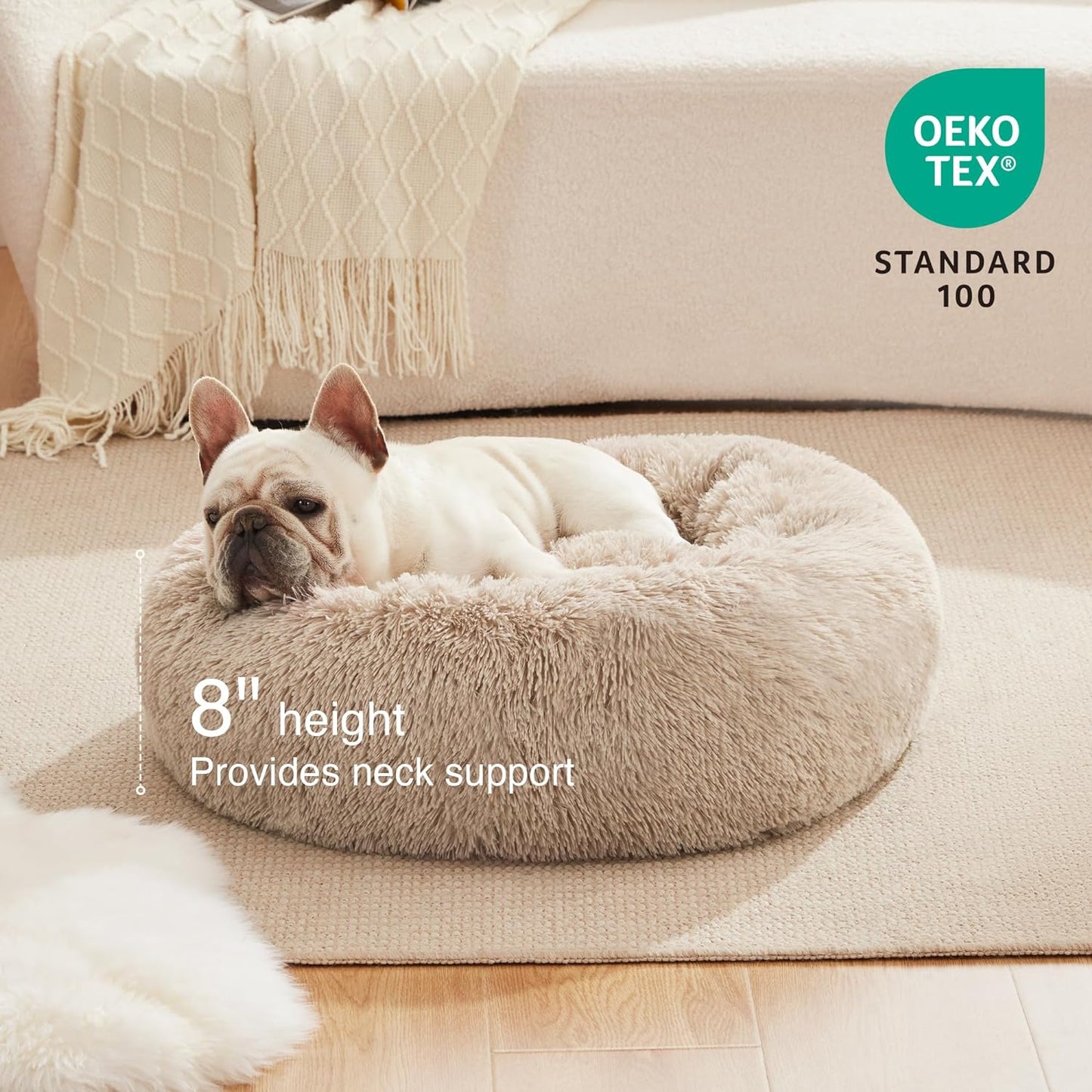 24In Cat Beds for Indoor Cats - Cat Bed with Machine Washable, Waterproof Bottom - Taupe Fluffy Calming Cushion Pet Bed for Joint-Relief and Sleep Improvement