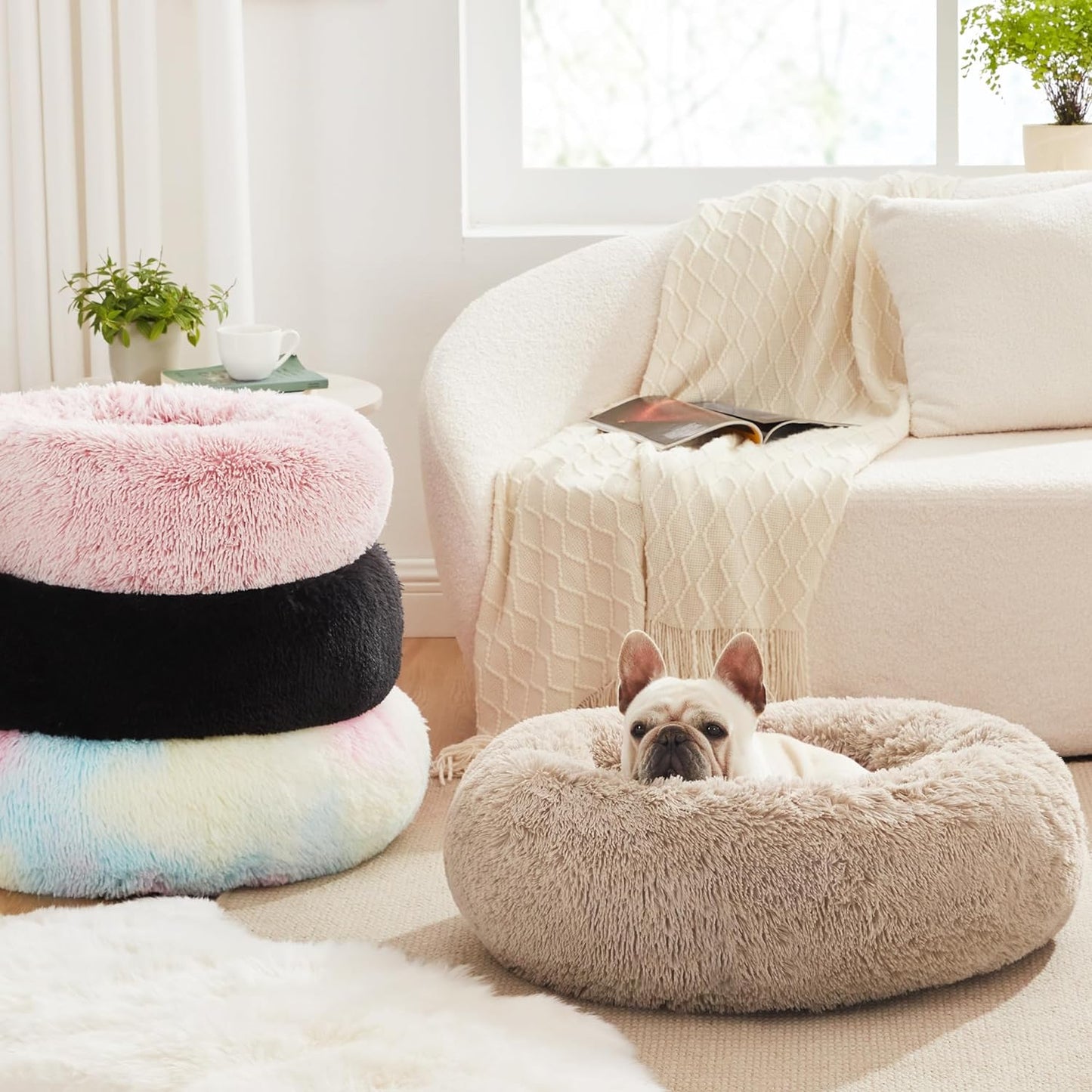 24In Cat Beds for Indoor Cats - Cat Bed with Machine Washable, Waterproof Bottom - Taupe Fluffy Calming Cushion Pet Bed for Joint-Relief and Sleep Improvement