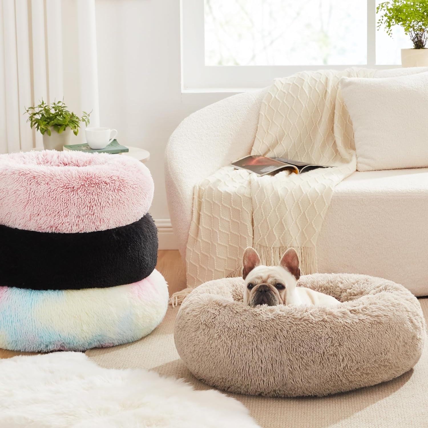 24In Cat Beds for Indoor Cats - Cat Bed with Machine Washable, Waterproof Bottom - Taupe Fluffy Calming Cushion Pet Bed for Joint-Relief and Sleep Improvement
