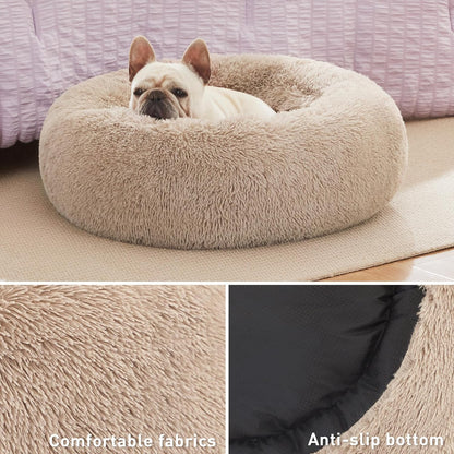 24In Cat Beds for Indoor Cats - Cat Bed with Machine Washable, Waterproof Bottom - Taupe Fluffy Calming Cushion Pet Bed for Joint-Relief and Sleep Improvement