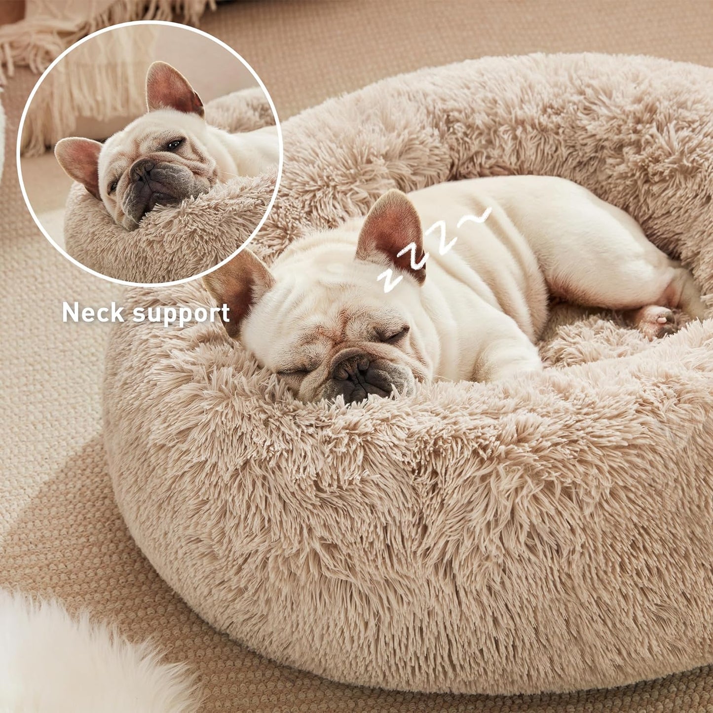 24In Cat Beds for Indoor Cats - Cat Bed with Machine Washable, Waterproof Bottom - Taupe Fluffy Calming Cushion Pet Bed for Joint-Relief and Sleep Improvement